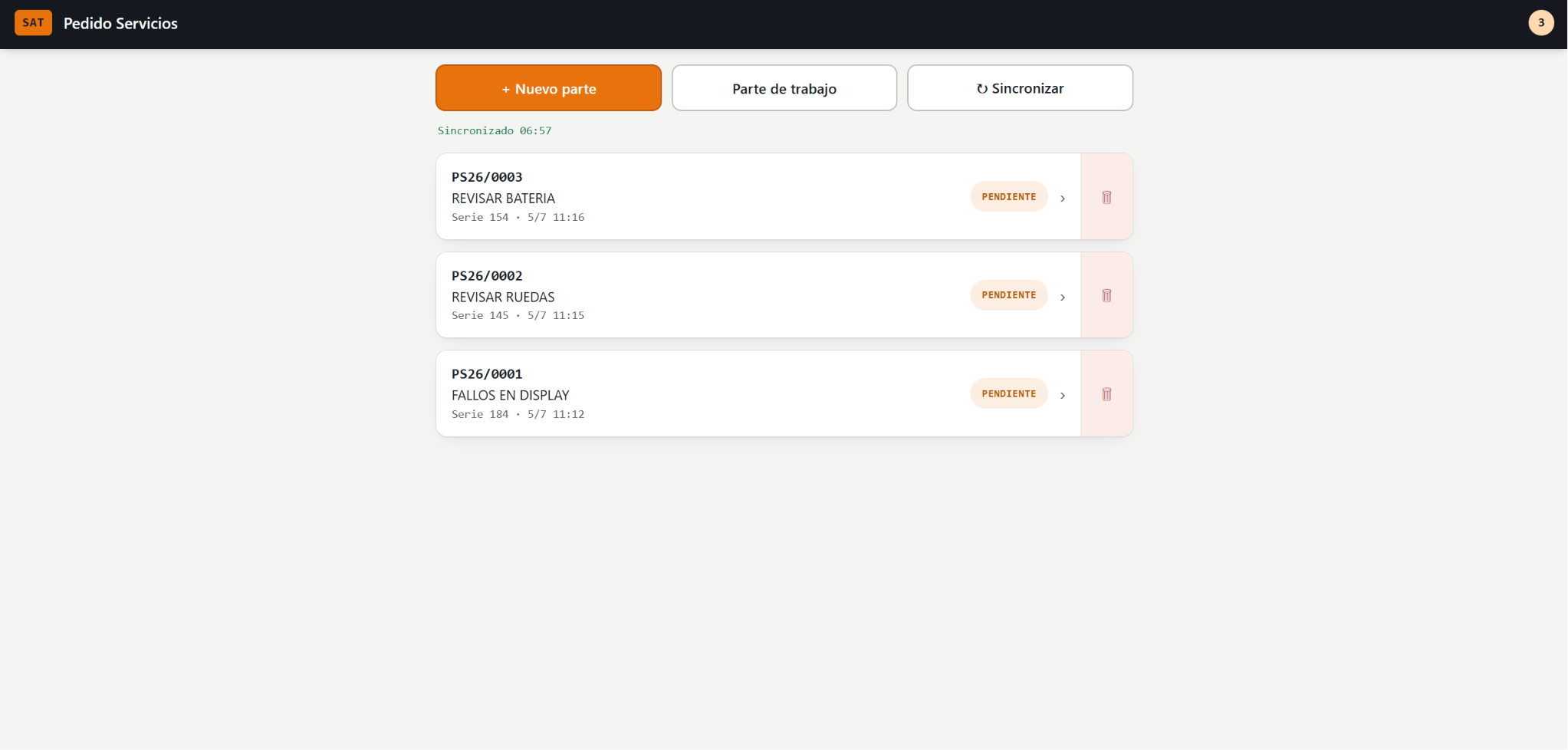 Lista de partes de trabajo con estado pendiente/volcado y sincronización